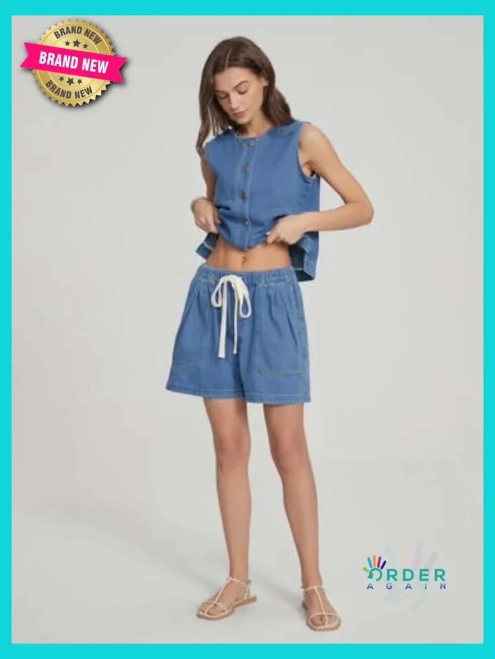 Denim Two Piece Outfits Casual Sleeveless Vest with Elastic Waist Baggy Jean